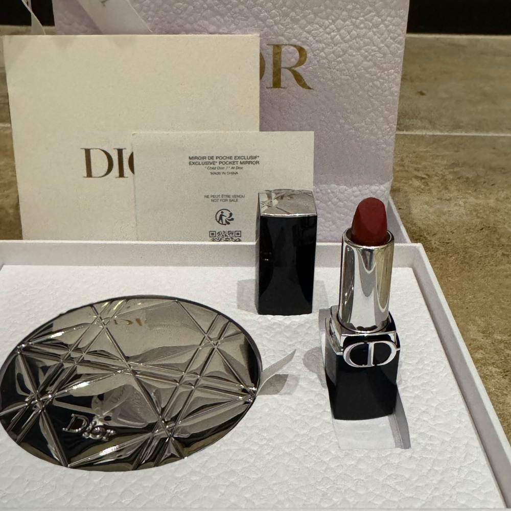 Dior Silver Mirror & Red Lipstick Set (NWT) with Bag and Ribbon